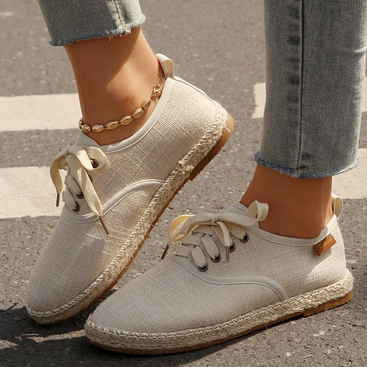 Herbst Damen Low Top Canvas Schuhe Neue Schnür-Flats Flache Lässige Walking Schuhe für Damen Sneaker Outdoor Vulkanisierte Schuhe 41 beige