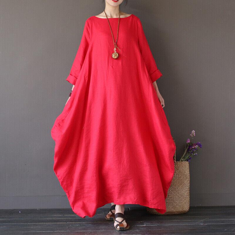 Damen Leinen Baumwolle Locker Baggy Lang Maxi Hemdkleid Roben Oberteil Mode 3/4 Ärmel Übergröße Rundhalskleid Ramadan M rot