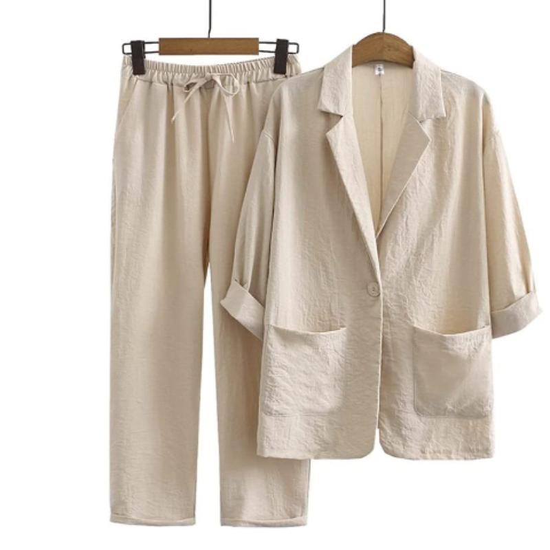 Zweiteiliger Anzug aus Baumwolle und Leinen für Damen, Jacke + Hose, Herbst, lockere Mode, lässiger Anzug aus Baumwolle und Leinen, Jacke M beige