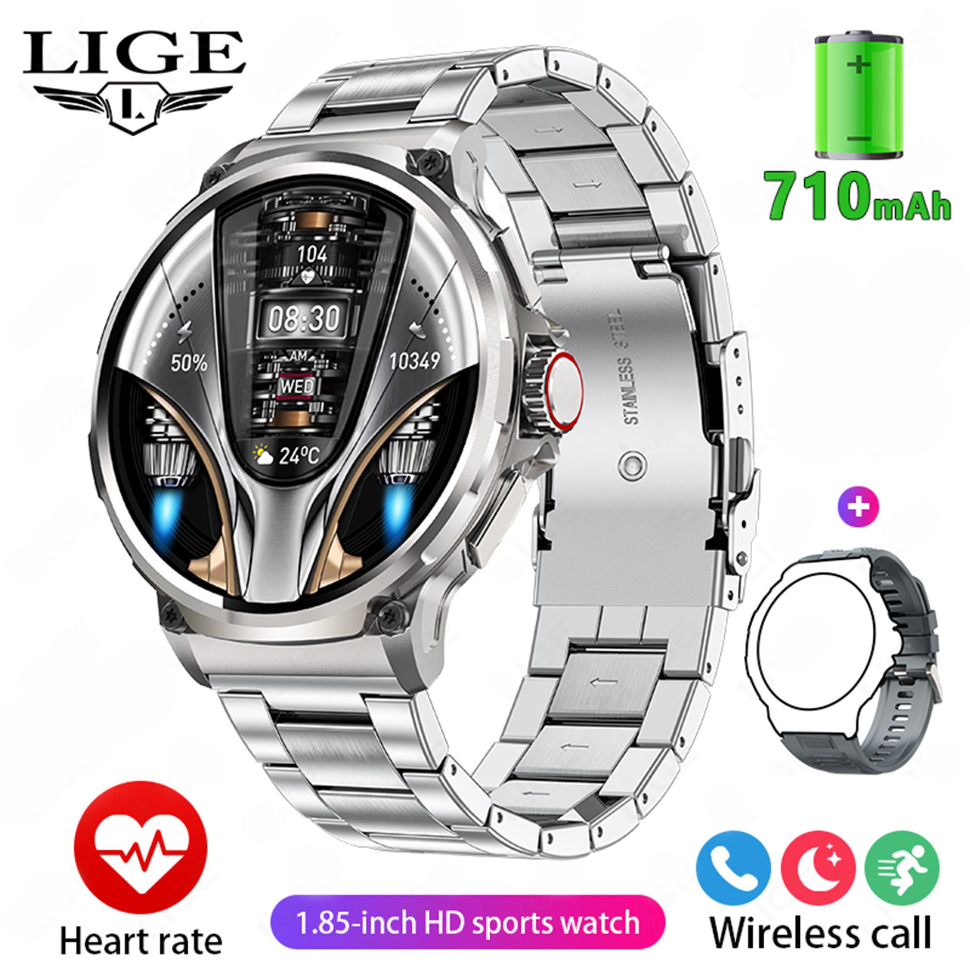 LIGE Neue 710 mAh Große Kapazität Batterie Smart Watch Männer Outdoor Sport Gesundheit Tracking Wasserdichte Smart Armband Bluetooth Anruf Smart uhr 2024 Geschenk Steel strap silber
