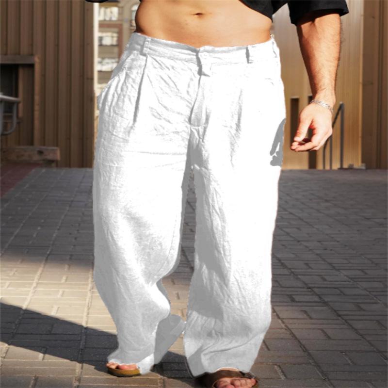 Herren Leinen Falten Weite Hosen für Frühling und Sommer mit Mittelhohem Bund Atmungsaktive Jogginghosen Streetwear Herren XS weiß