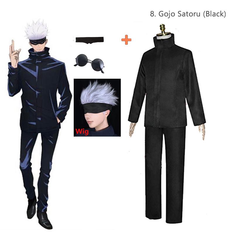 Anime Jujutsu Kaisen Gojo Satoru Cosplay Kostüm für Kinder Erwachsene Blau Schwarz Uniform Augen Patch Perücke Sonnenbrille Kinder Anzug Kinder L-(Costume+Wig)
