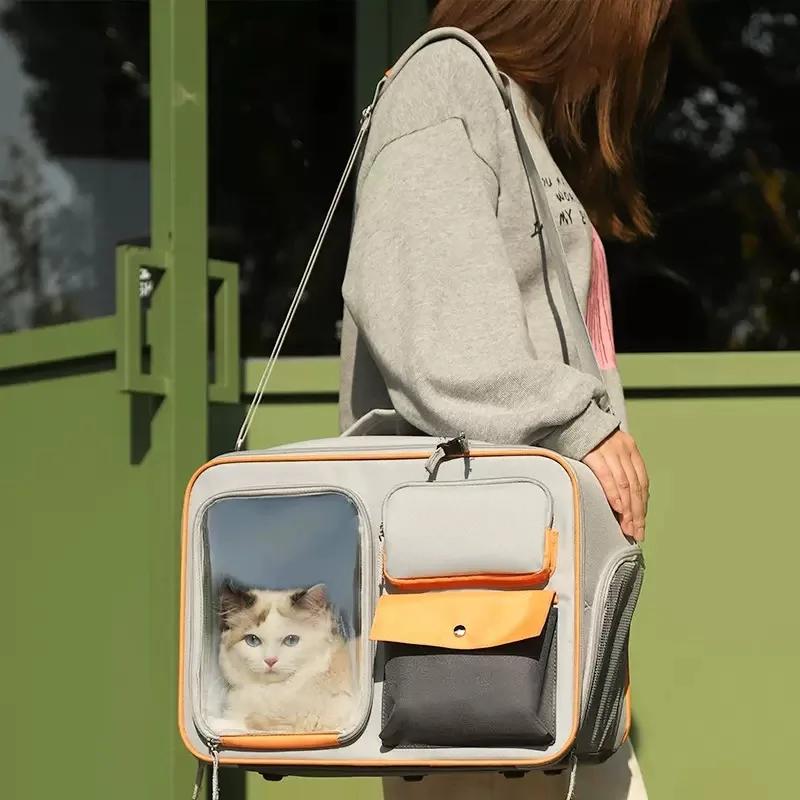 Haustiertasche Katze Transport Tragbar Reise Rucksack Große Kapazität Drei Seiten Atmungsaktiv Katzen Rucksack Multifunktional Haustier Rucksack beige