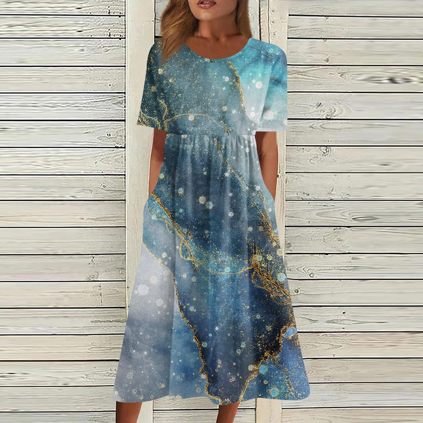 Damen-Freizeitkleider, bedruckte Kleider, Sommerkleider, bedruckt, plissiert, Rundhals-Midi-Kleider, Basic, klassisch, Outdoor, täglich, kurzärmelig, lockere Kleider M