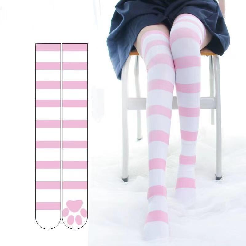 Lolita Overknee-Socken, rosa Streifen, Kawaii-Katzenpfoten-Print-Strümpfe, Lolita-Gothic-Samt-Overknee-Oberschenkel-hohe JK-lange Strümpfe One Size rosa