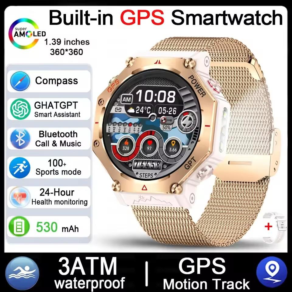 Herren Outdoor Sport Smartwatch KC91 Kompass Höhe Luftdruck Großer Akku Taschenlampe BT Anruf Fitness Tracker Smartwatch mesh belt gold