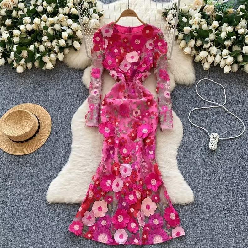 Elegante 3D Blume Stickerei Lange Maxi Kleider Frauen Sommer Urlaub Fischschwanz Abend Party Kleider Bleistift M rot