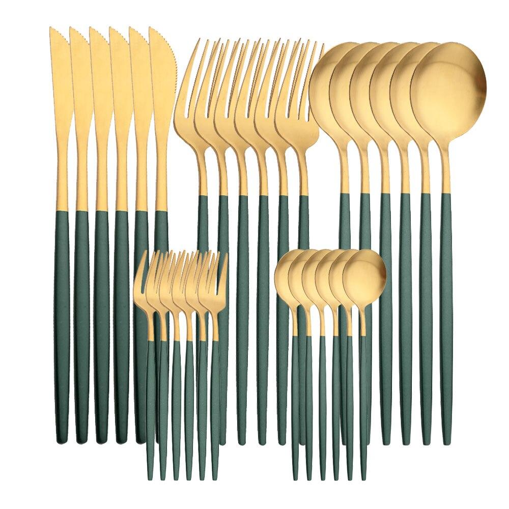 30 Stücke Mattschwarz Silber Geschirr Set Edelstahl Messer Kuchen Gabel Tee Löffel Besteck Besteck Set Küche Geschirr Set grün/gold