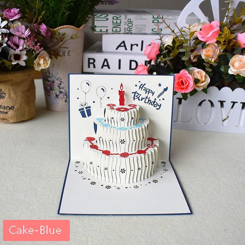 1 Stück 3D-Pop-Up-Karten, Geburtstagskarte für Mädchen, Kinder, Ehefrau, Ehemann, Geburtstagskuchen, Grußkarte, Postkarten, Geschenke, Karte mit Umschlagaufklebern Cake-Blue