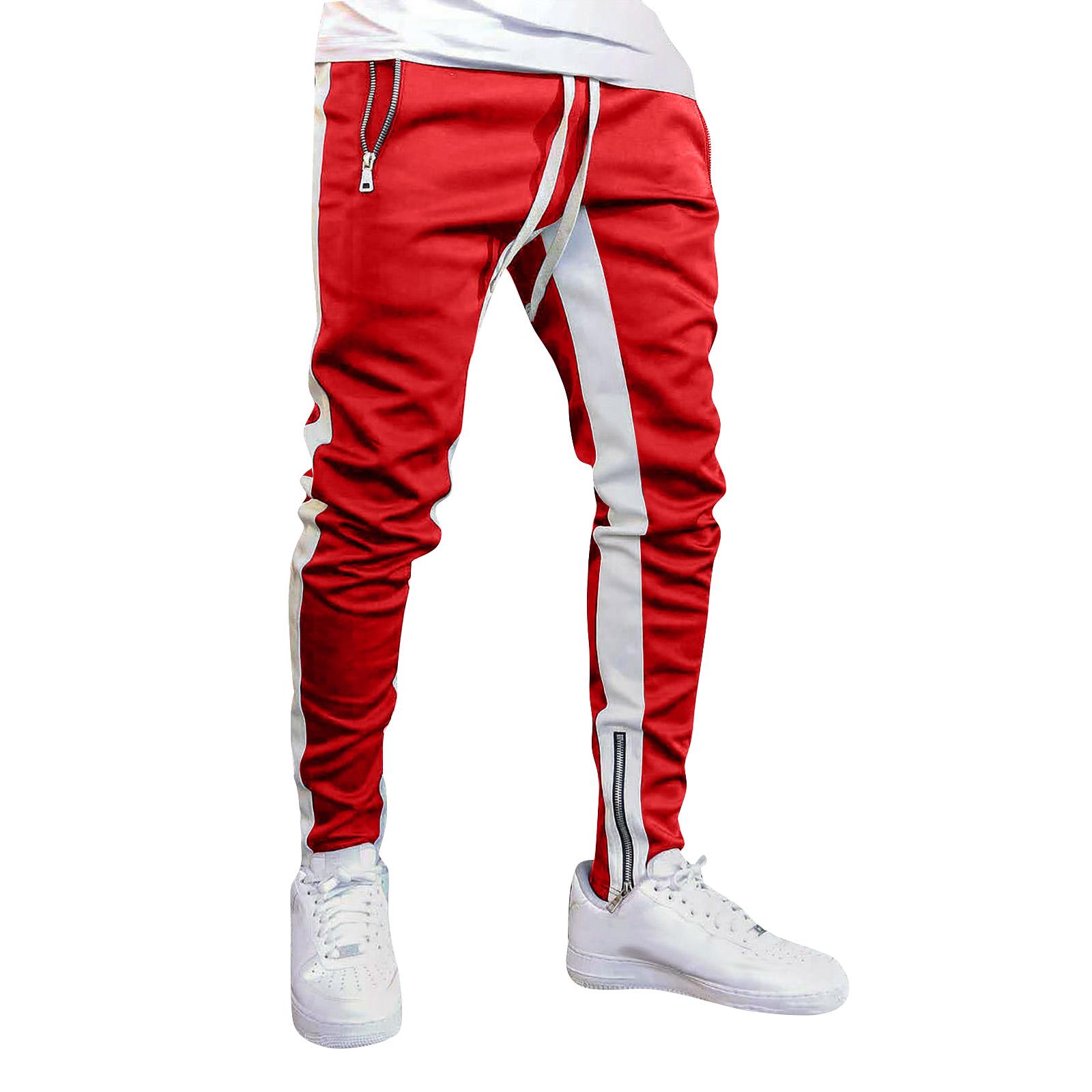 Herren Colorblock Reißverschluss Hose Herren Casual Mode Hose M rot