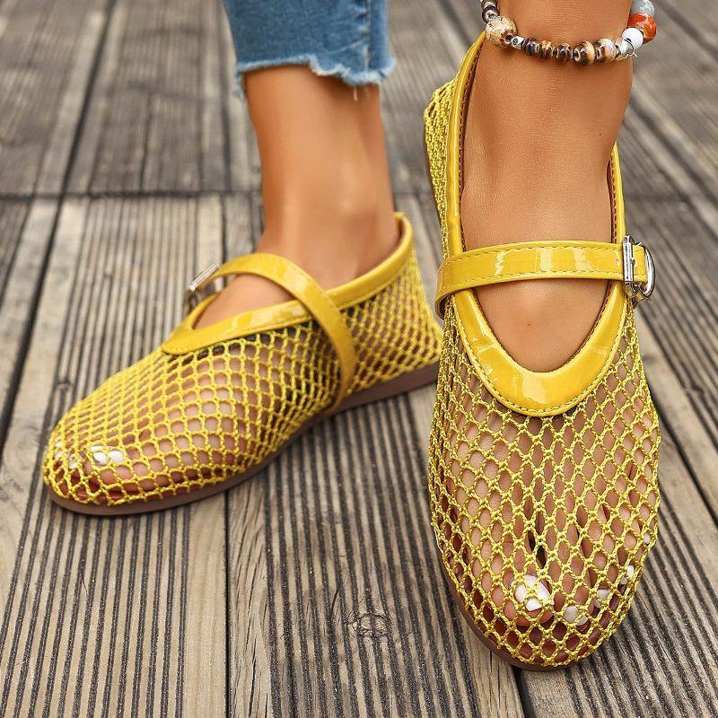 Atmungsaktive Einzel-Schuhe mit weicher Sohle für Damen, Neuer Stil, Flach, Durchbrochene Mesh-Schuhe, Mary Jane Einzel-Schuhe 43 gelb
