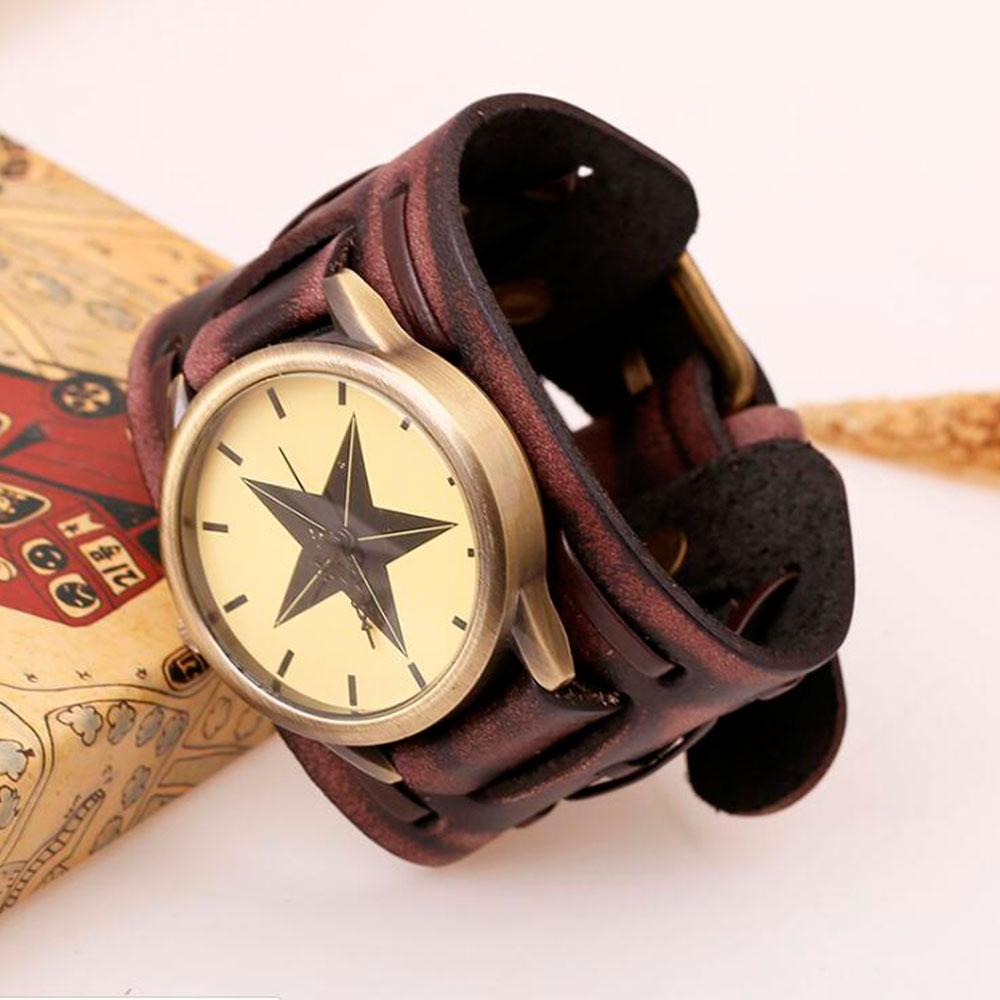 Retro Breites Rindsleder Armbanduhr Vintage Herren Armbanduhren Lässig Großer Stern Quarz Uhr Uhr Relogio Reloj Dropship black