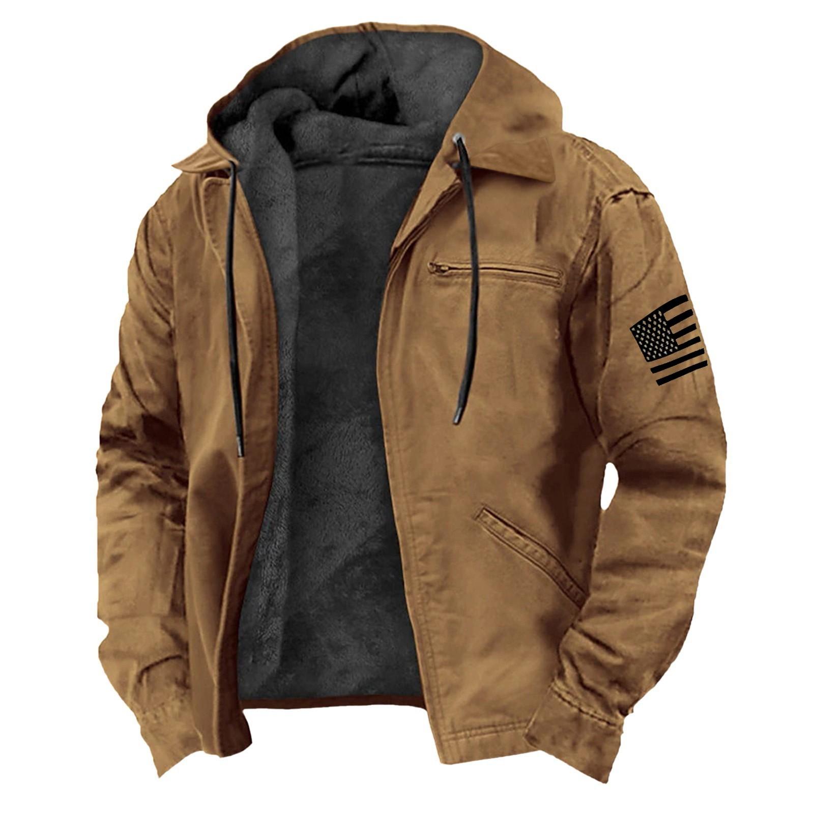 Lässige Herrenjacke mit Reißverschlusstasche und Kapuze, einfarbig, modisch, warme Herrenjacke XXXXXXL braun