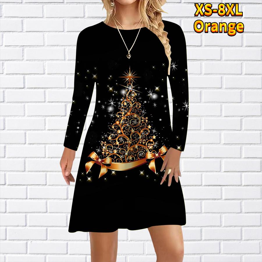 Damen Freizeitkleid mit Stern-Weihnachtsbaum-Print, Kleider für Damen, O-Ausschnitt, kurzärmelig, Übergröße M orange