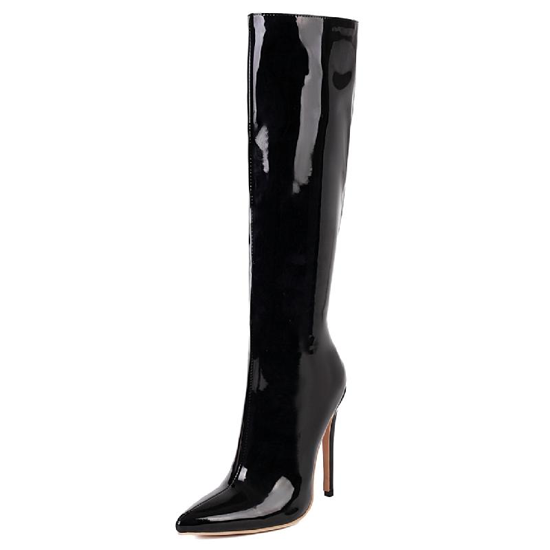 Spitze Zehen Kniehohe Stiefel Reißverschluss Herbst Winter Damen Hohe Stiefel Lackleder Lang Oberschenkel Tanz Fetisch Schuhe Dame Große Größe 44 schwarz