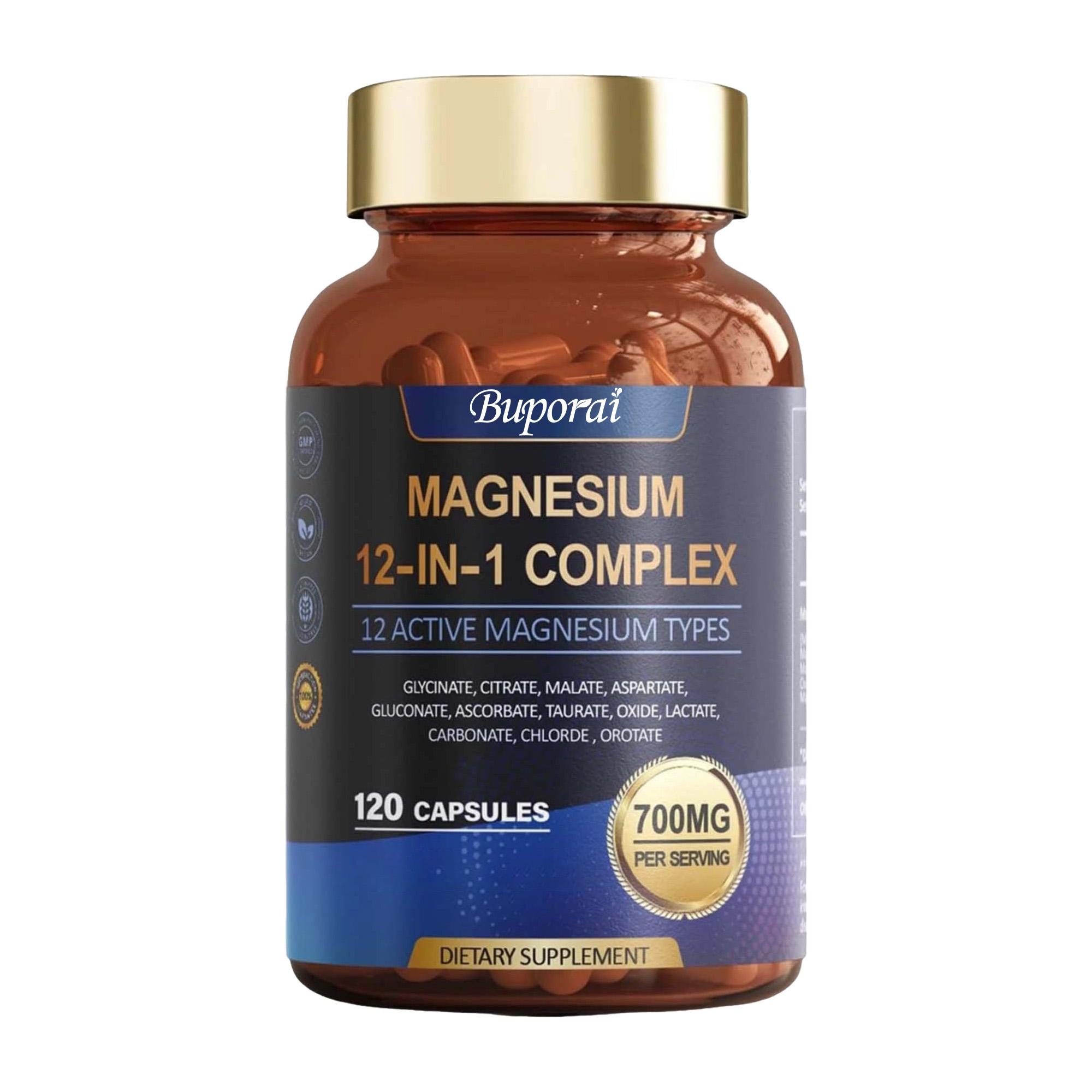 12-in-1 Magnesium-Nahrungsergänzungsmittel, enthaltend Magnesiumglycinat, Magnesiumcitrat, Magnesiummalat, Magnesium-L-Threonat, hohe Reinheit. 120*1