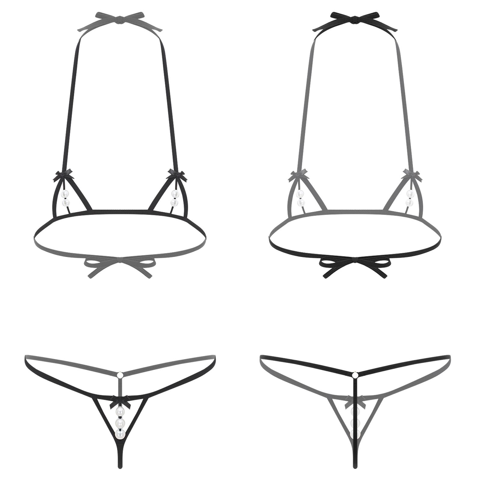 Damen Mikro Bikini Set Ausgeschnittene Cups Neckholder BH Oberteil mit T-Rücken G-String String Unterwäsche für Schwimmen Strand