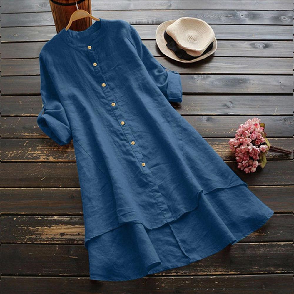Damen Frühling Uni Baumwolle Leinen Hemdkleid Damen Lockeres Hemd Lange Oberteile Bluse Übergröße Kleidung Kleidung XL blau