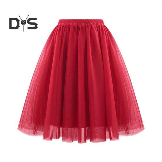 Damen Retro Ballettrock Elastischer Hoher Taille 3-Lagen Tüll Petticoat Tanzrock Karneval Cosplay Tutu Rock L wein rot