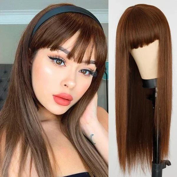 Lange Gerade Rote Schwarz Graue Rosa Perücke mit Pony Synthetische Haarperücke für Frauen Hitzebeständig Cosplay Abschlussball Accessoires Dbrown