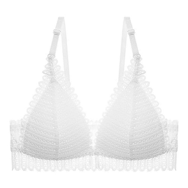 Spitze vorne Knopf Bralette Damen Unterwäsche Sexy rückenfreier BH ohne Knochen Push-Up-BH Dreieck dünne Dessous 75B weiß
