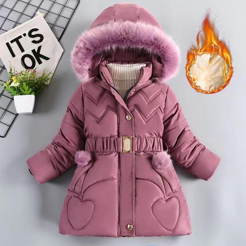 Wintermantel für Mädchen, warm, verdickt, Kinderjacke, mit Kapuze, Reißverschluss, Pelzkragen, Prinzessinnen-Oberbekleidung, Kinderkleidung, 4 5 6 8 10 Jahre 150 violett