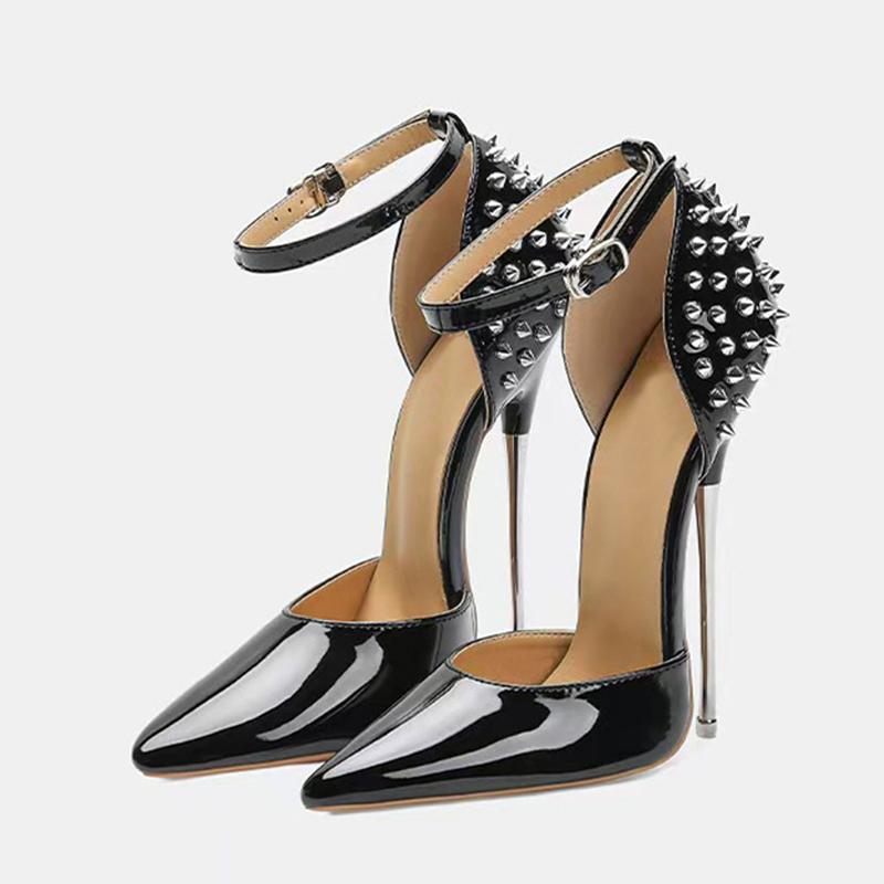 Mode Liyke Sexy Nieten Riemen Damen Pumps Schwarz Lackleder Spitze Zehen Fetisch Super Hohe Absätze Party Stripper Schuhe Größe 46 42 schwarz