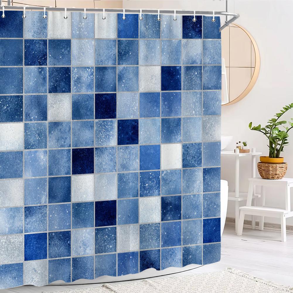 Moderner einfacher Mosaik-Duschvorhang, Blau karierter Duschvorhang für das Badezimmer, Wasserdichter Duschvorhang mit Haken W150H180(CM)-1 Pcs