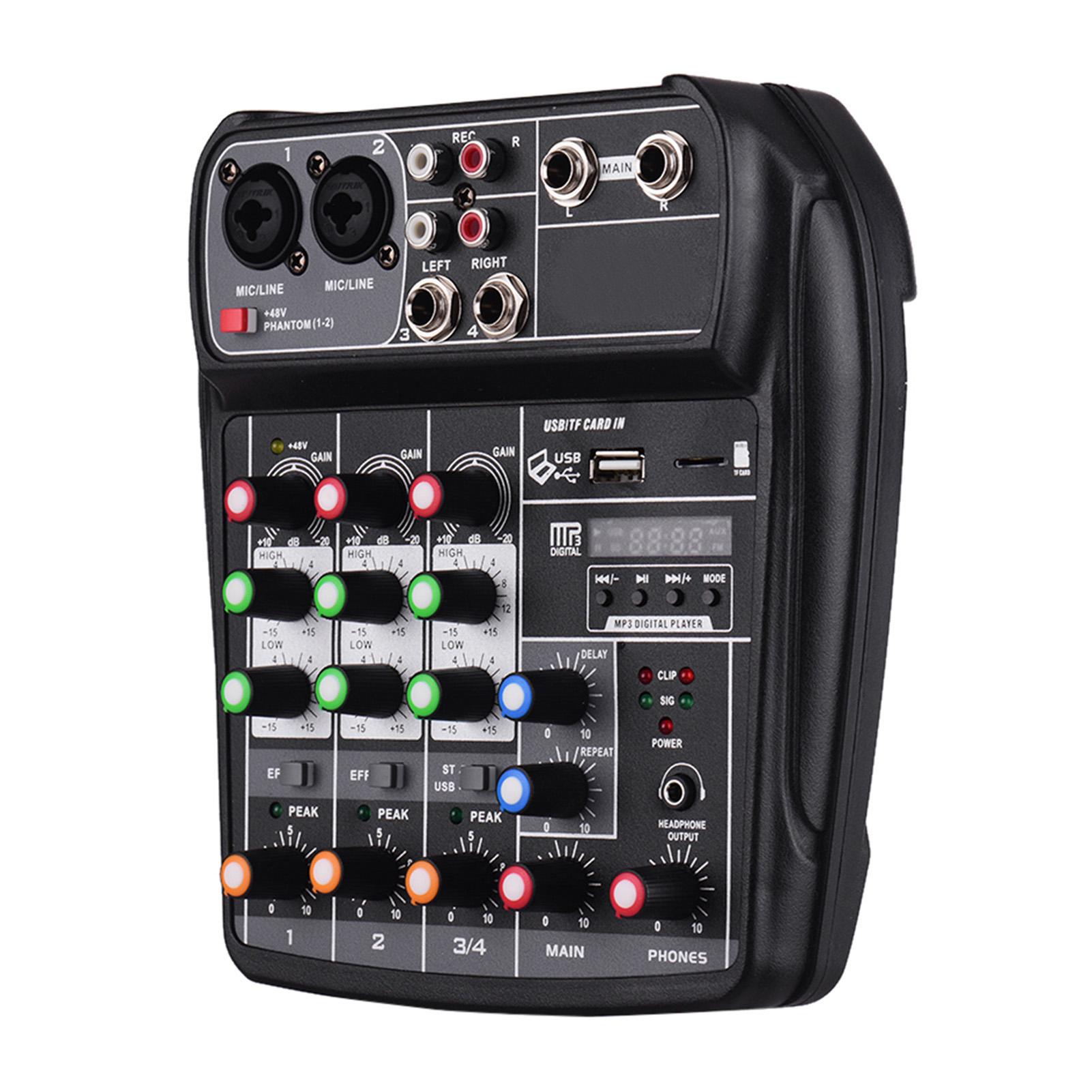 AI4 Kompaktes Mischpult, digitaler Audiomixer, 4 Kanäle, BT, MP3, USB-Eingang + 48 V Phantomspeisung, für Musikaufnahmen, DJ-Netzwerk, Live-Übertragung, Karaoke US Plug schwarz