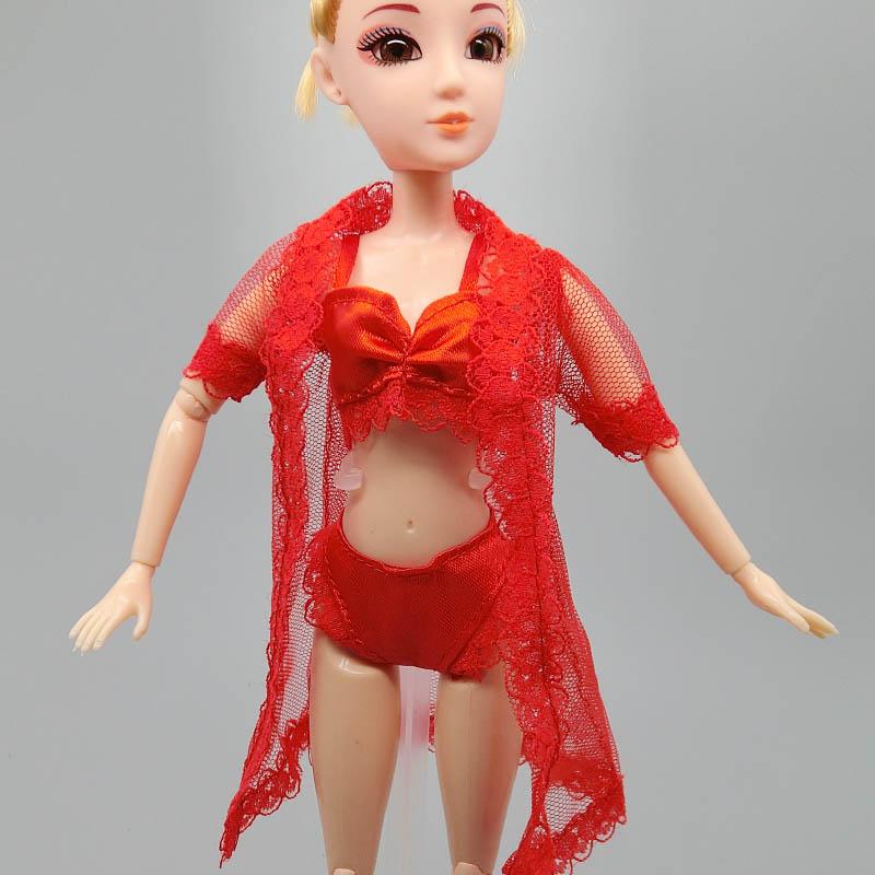 1 SET Sexy Pyjamas Dessous Spitze Lange Mantel + Bh + Unterwäsche Kleidung Für Barbie Puppe Kleidung Kleid Unterwäsche spitze Kleider rot