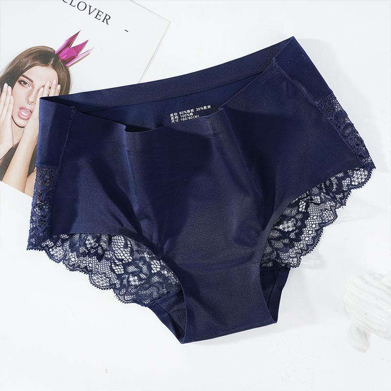 Nahtlose Damen-Unterhose, Seiden-Spitzen-Slip, Unterwäsche, Damen-Bikini-Höschen, mittlere Taille, Hipster, Blumen-Dessous, Mädchen-Dessous L blau
