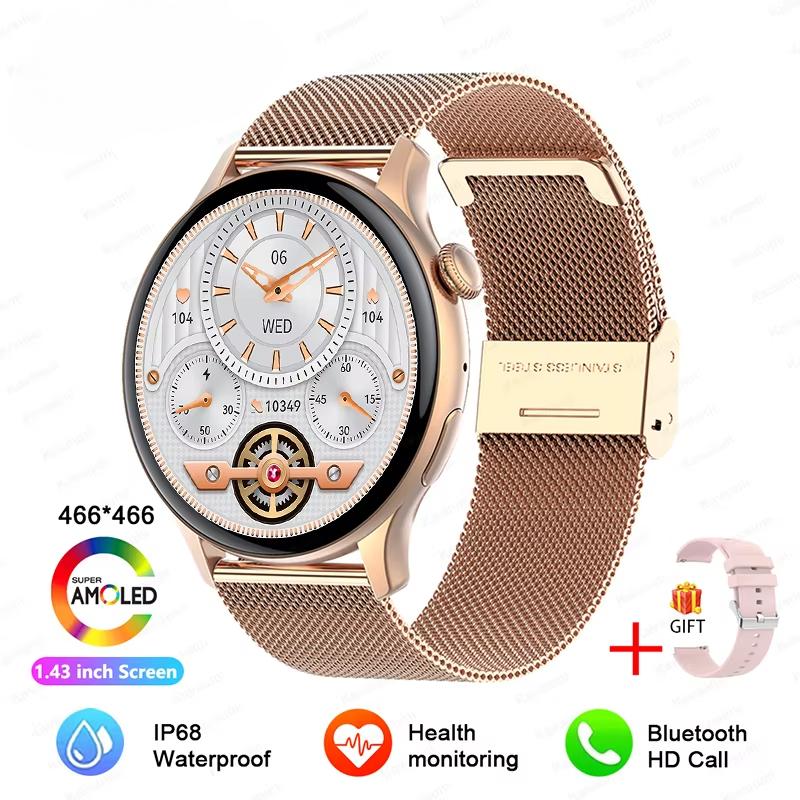 2025 Neue NFC GPS Smartwatch Damen AMOLED Always-on-Display BT Anruf Herzfrequenz Blutdruck Fitness-Tracker Smartwatch 66*466 HD Bildschirm Mesh Belt gold