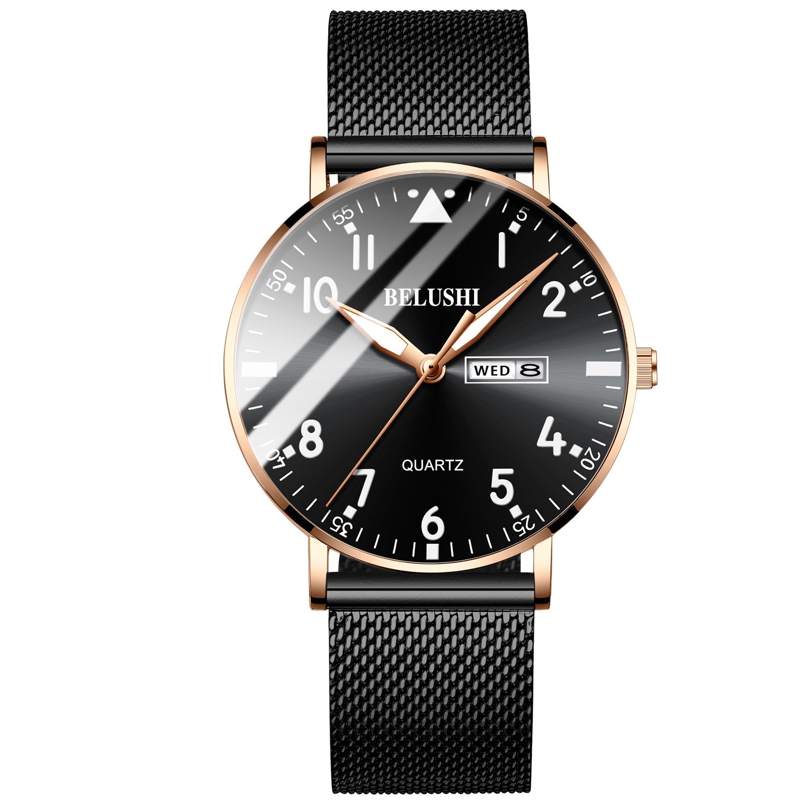 Neue Mode Ultra-dünne Herren Luxus Marke Casual Edelstahl Mesh-Armband Business Männer Armbanduhr hellrosa/schwarz