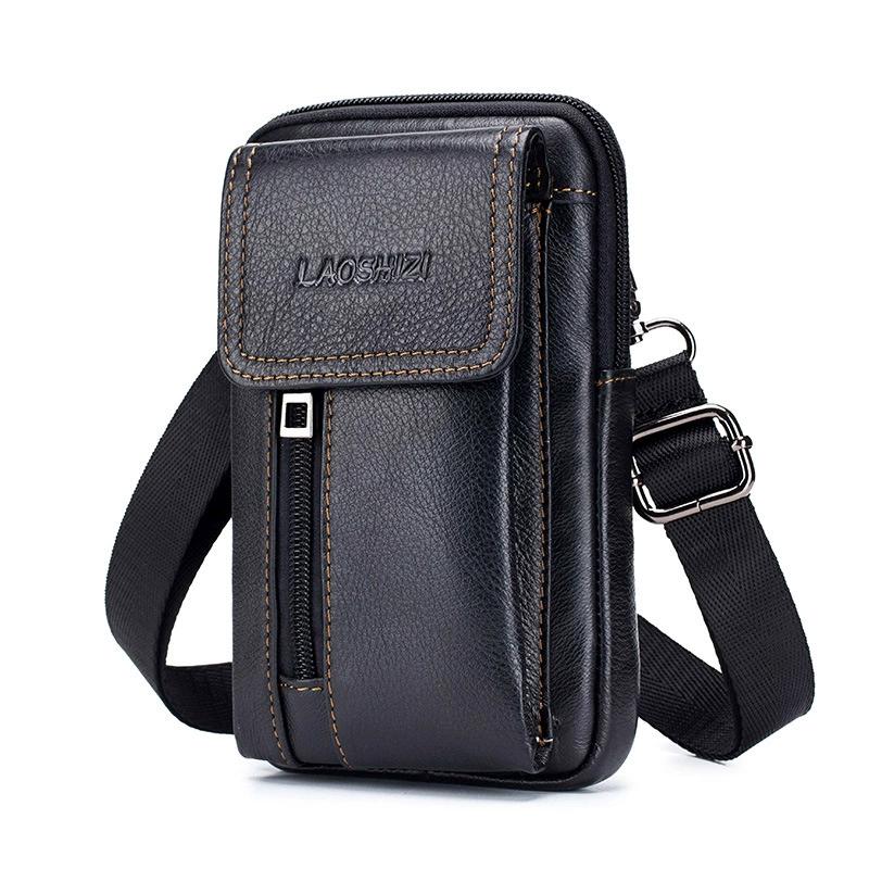 LAOSHIZI Echtes Leder Männliche Hüfttasche Handytasche Taschen Hüfttasche männer Kleine Brust Schulter Gürteltasche Rucksack 91121 schwarz
