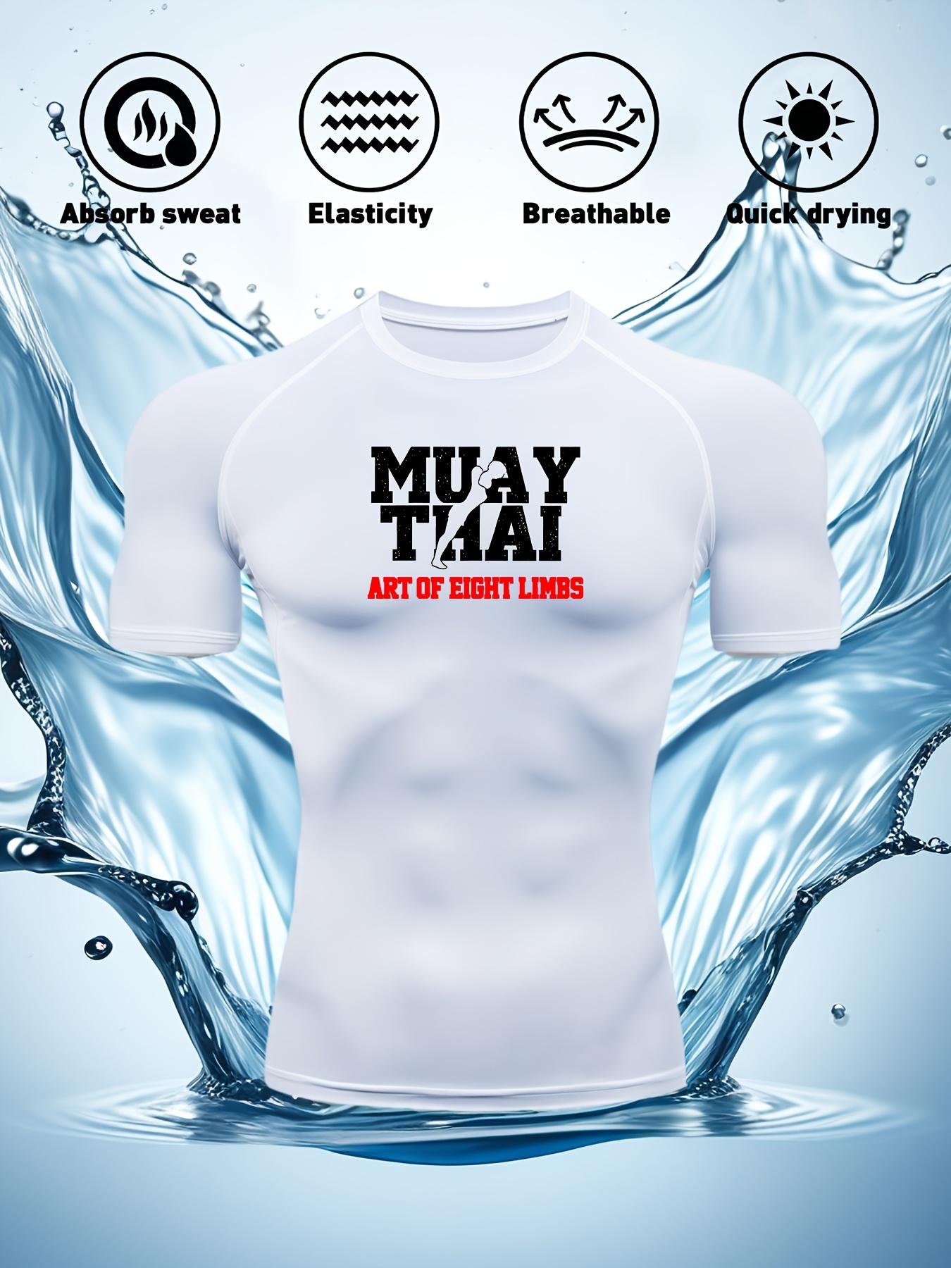 Herren Marineblaues Kompressions-T-Shirt mit „MUAY THAI Die Kunst der Acht Gliedmaßen“ Aufdruck, Elastisches Schnelltrocknendes Atmungsaktives Muay Thai & MMA Trainings-Top 3XL weiß