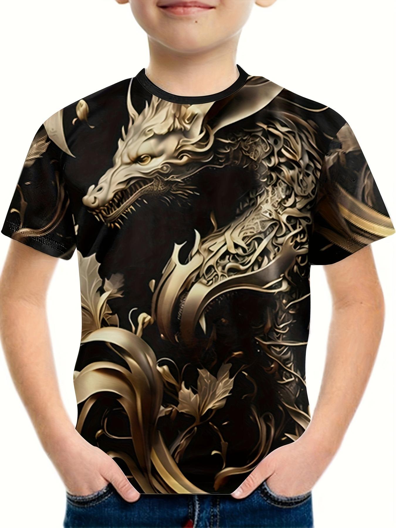 Kinderbekleidung T-Shirts für Jungen Kurzarm Kinder T-Shirt Stilvoller 3D-Drache-Graphit-Druck Lässige Mädchen Sommerkleidung Tops 140