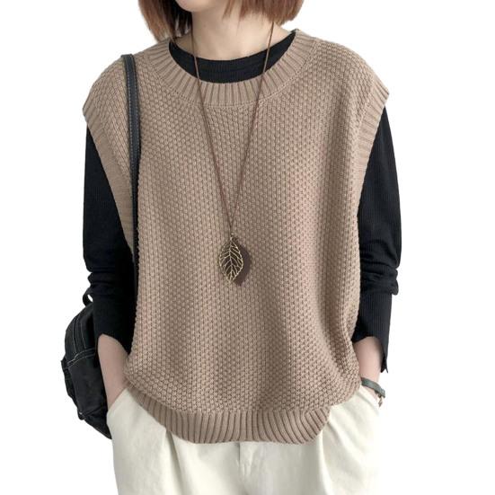 Frauen Gestrickte Weste O Hals Saum Warme Einfarbig Wellenförmige Weiche Lose Beiläufige Damen Weste Ärmelloses Top khaki
