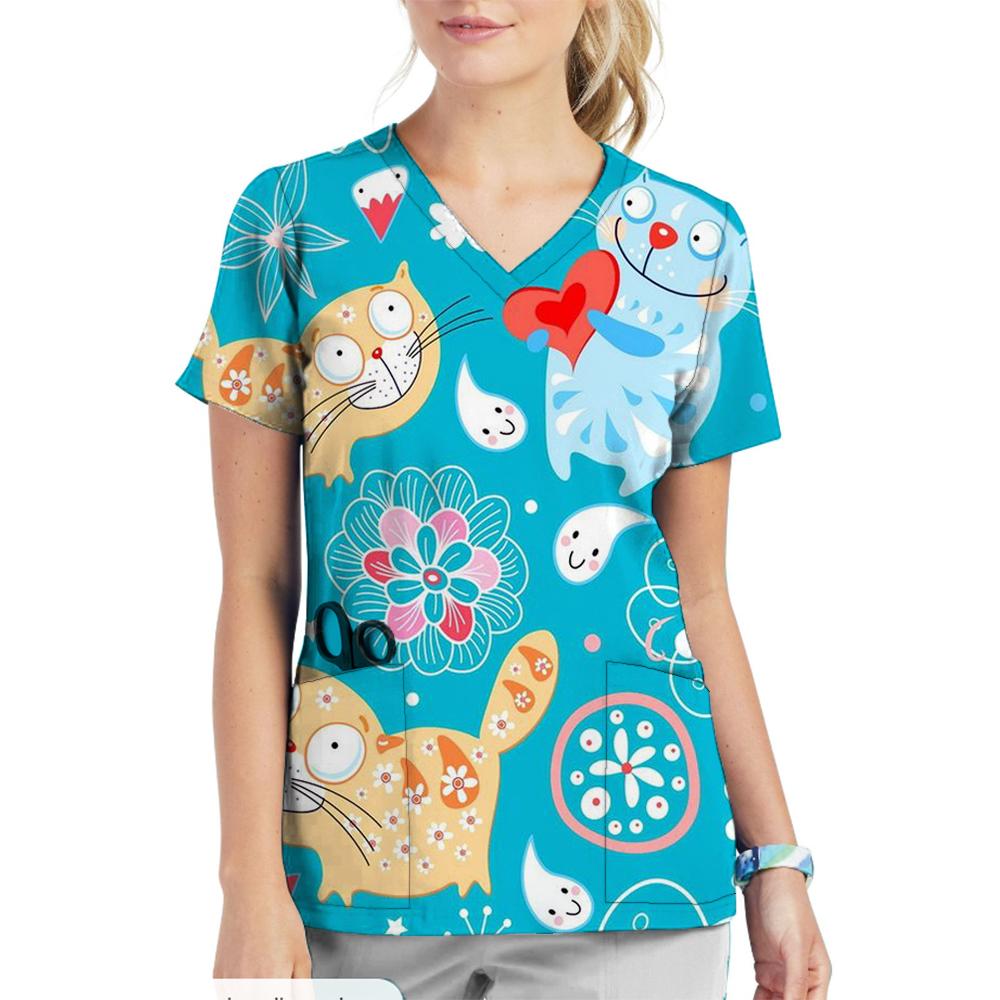 Krankenschwester Uniform Damen Oberteile V-Ausschnitt T-Shirt Cartoon Katze Hund Bedruckte Oberteile Uniform Kurzarm Taschen Medizinische Weibliche Krankenschwester Uniform 8XL blue
