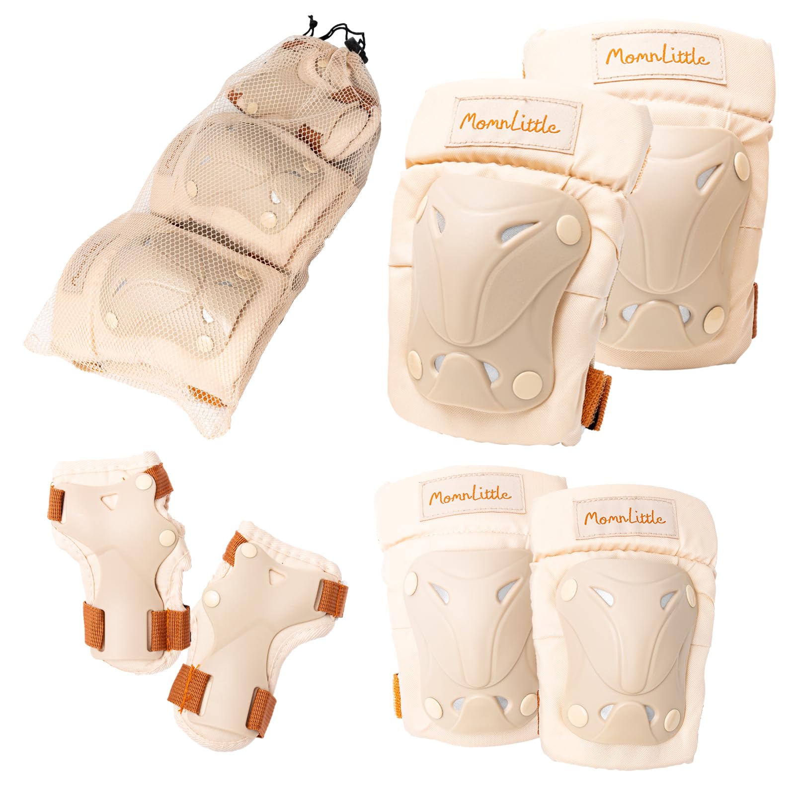 Mama und kleine Kinder Kinder Schutz Kinder Junior Kinder Mädchen Protektor, Knie-/Ellenbogen-/Handgelenk-Schutzausrüstung, 6-teiliges Set, Fahrrad, Skateboard, Protektor, Roller, beige