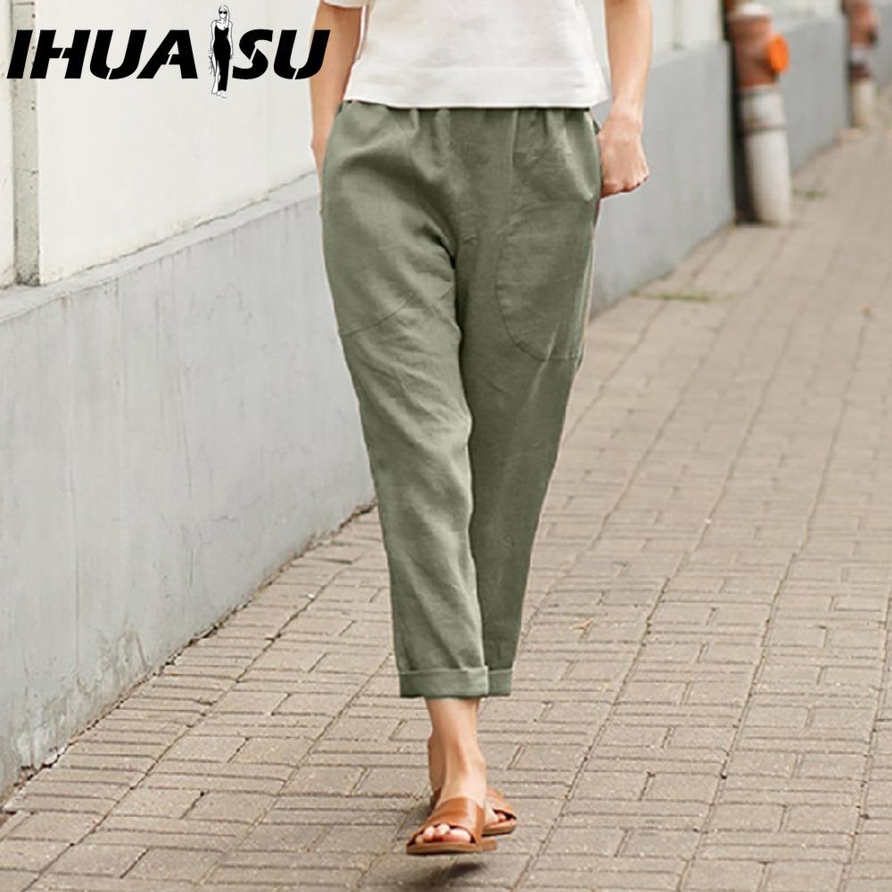 IHUASU Damen Sommer Einfarbig Doppelpattentaschen Hose Locker Lange Hose Weiblich Baumwolle Leinen Hose XXXXXL armee grüne