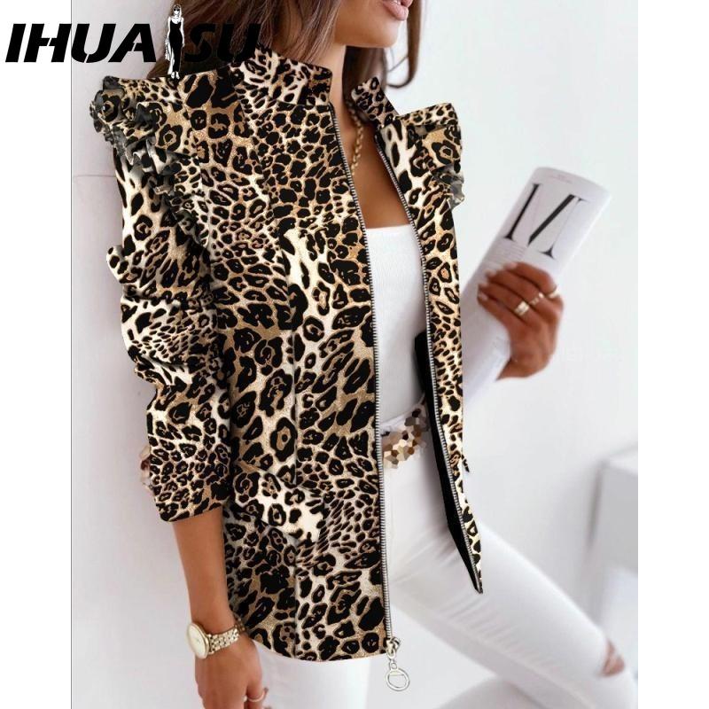 IHUASU Damen Vintage Lässig kariert Herbst Winter Langarm Jacken & Mäntel L leopard print