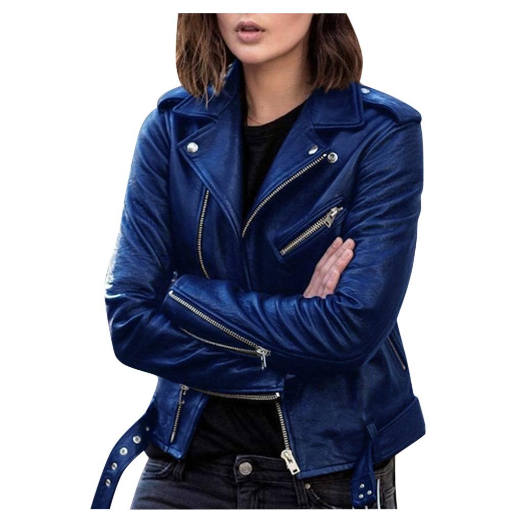 Neue Motorrad-Lederjacke Frühling und Herbst Damen-Lederjacke Damen Kurze, schlanke Lederjacke XXXL blau