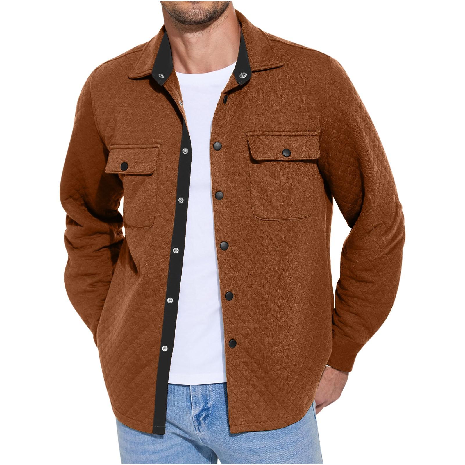 Herren Casual Shirt Jacke Leichte Shacket Jacke Gesteppte Button-Down-Jacken XXL braun