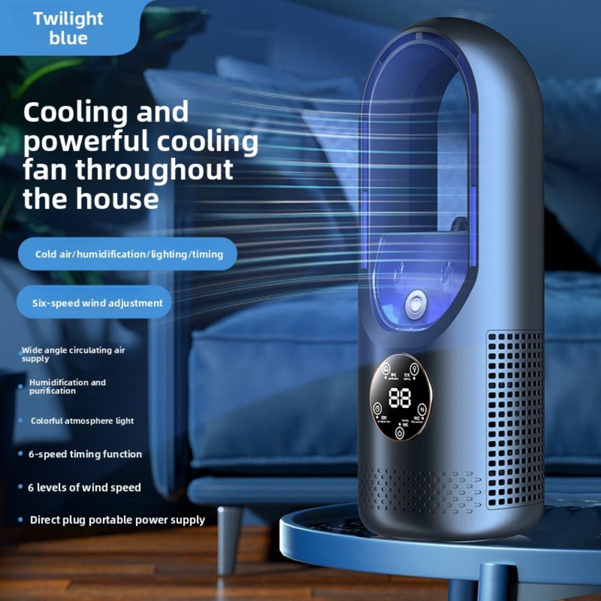 Tragbarer Klimaventilator USB Turmventilator Desktop Ventilator ohne Rotorblätter - Wassermistkühlung, Siebenfarbiges LED-Umgebungslicht, Timer und Intelligente Abschaltung 1pcs blau