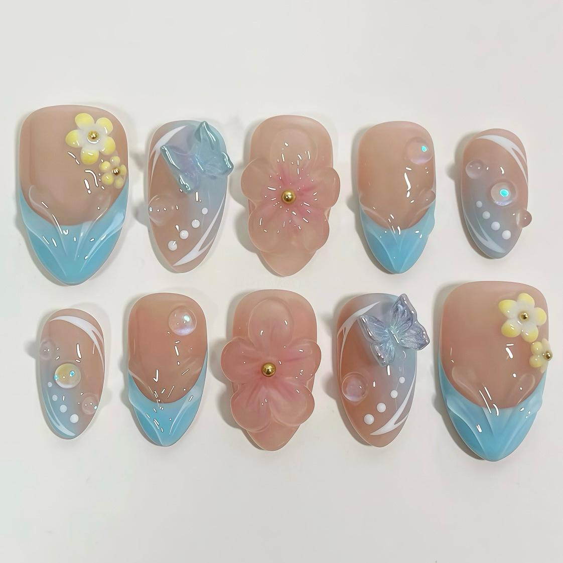 24 Stück Bunte Mandel-Press-on-Nägel Sommer Blauer Ozean Stil 3D Blumen Muschel Gelb Französische Falsche Nägel mit Seestern Perlen Nägel