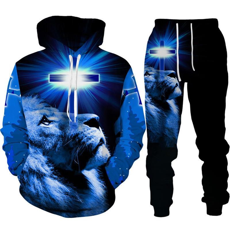 Zweiteiliges Set, christliche Bibel, Glaube, Jesus Gott, Herren-Kapuzenpullover/Anzug, cooler 3D-Löwen-Druck, Streetwear, Paar-Kleidung, Jogging-Trainingsanzug 3XL