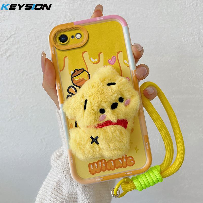 KEYSION Süße 3D-Cartoon-Plüsch-Hülle für iPhone SE 2020 2022 mit Lanyard, stoßfeste Silikon-Telefonabdeckung für iPhone 8 7 6s Plus for iPhone 8 Plus