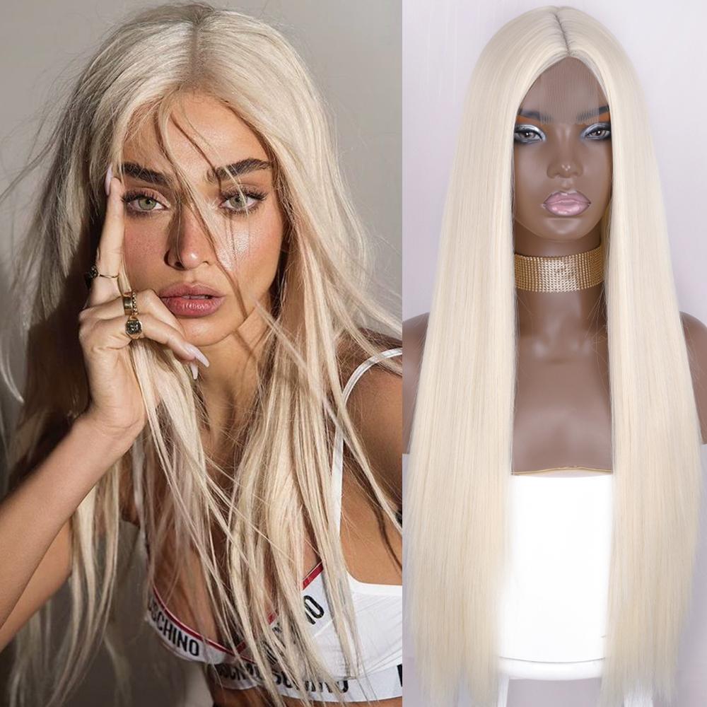 MISS WIG Synthetische Perücken für Frauen, lange gerade blonde Perücke ohne Pony, vordere Spitze, hitzebeständige Faser, lange gerade Perücke China