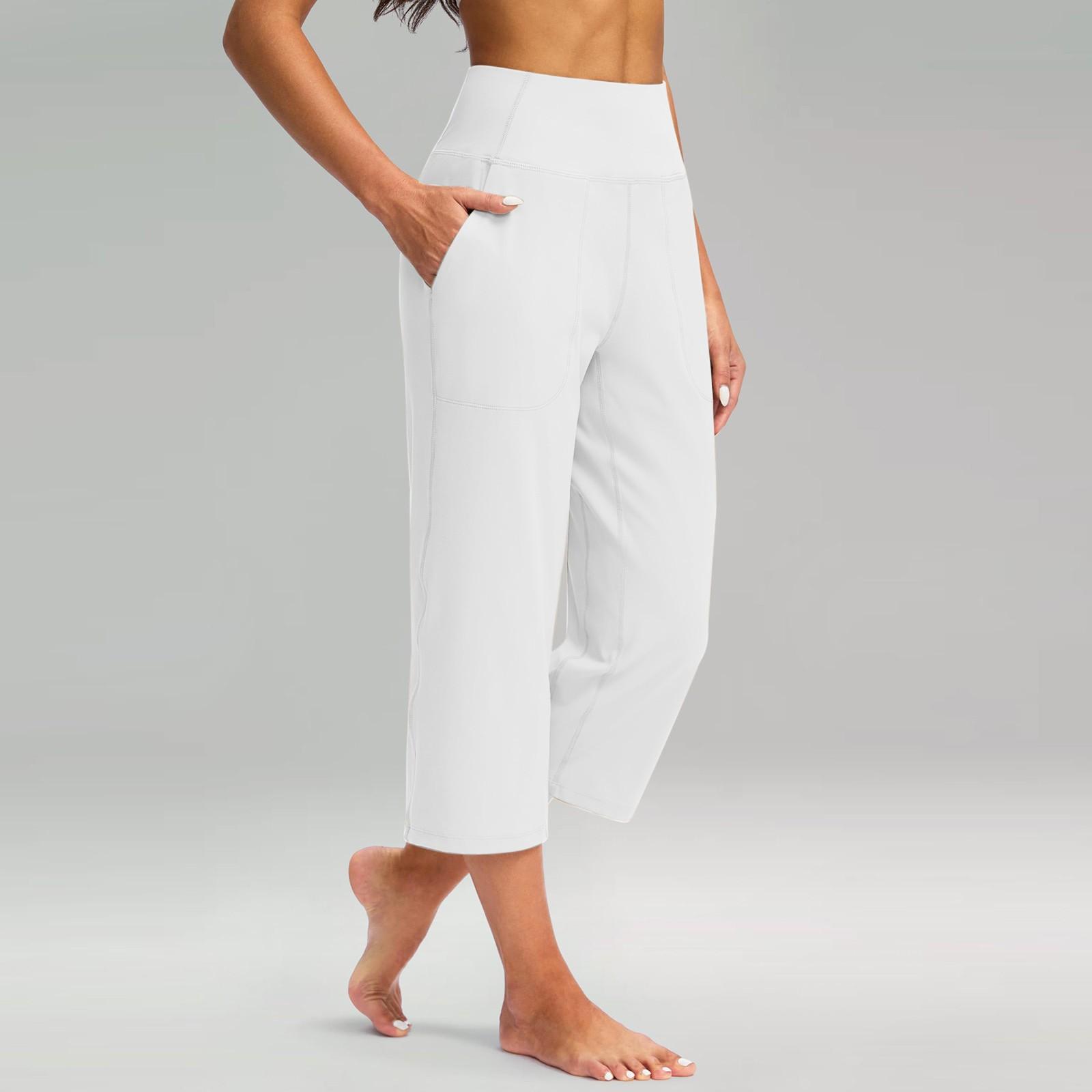 Damen Elastische 3/4-Hose mit hoher Taille, lässige Active Fit-Caprihose mit weitem Bein und Taschen XL weiß