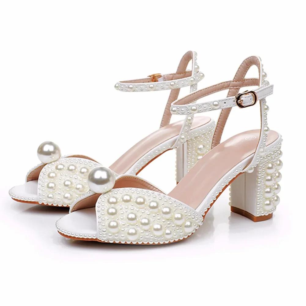 High Heels Schuhe zum Hineinschlüpfen Damen Sandalen Hochzeits Pumps 7CM Blockabsatz Einfaches Weißes Brautkleid Perlen Hochzeits Schuh Damenschuhe 42 beige